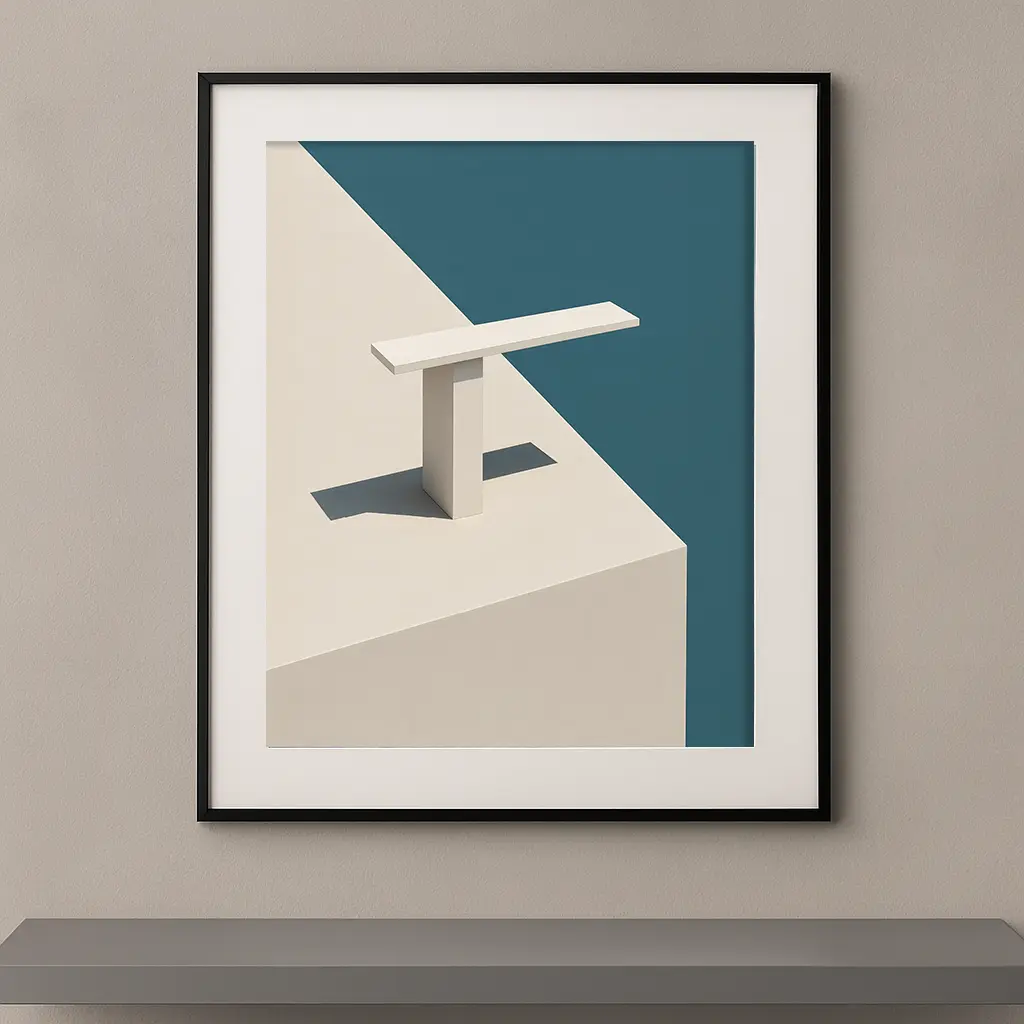 Tableau minimaliste représentant une structure géométrique blanche en équilibre sur une plateforme architecturale aux tons sable et bleu.