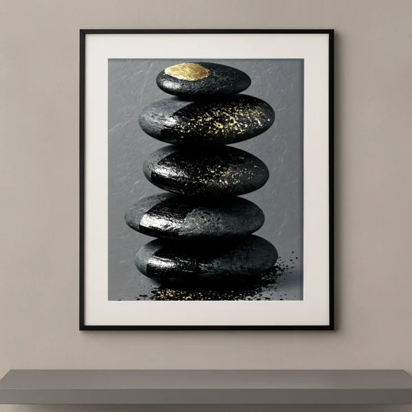 Tableau zen Équilibre Minéral représentant un empilement de galets noirs décorés de touches dorées, symbole de stabilité, de méditation et d'harmonie.