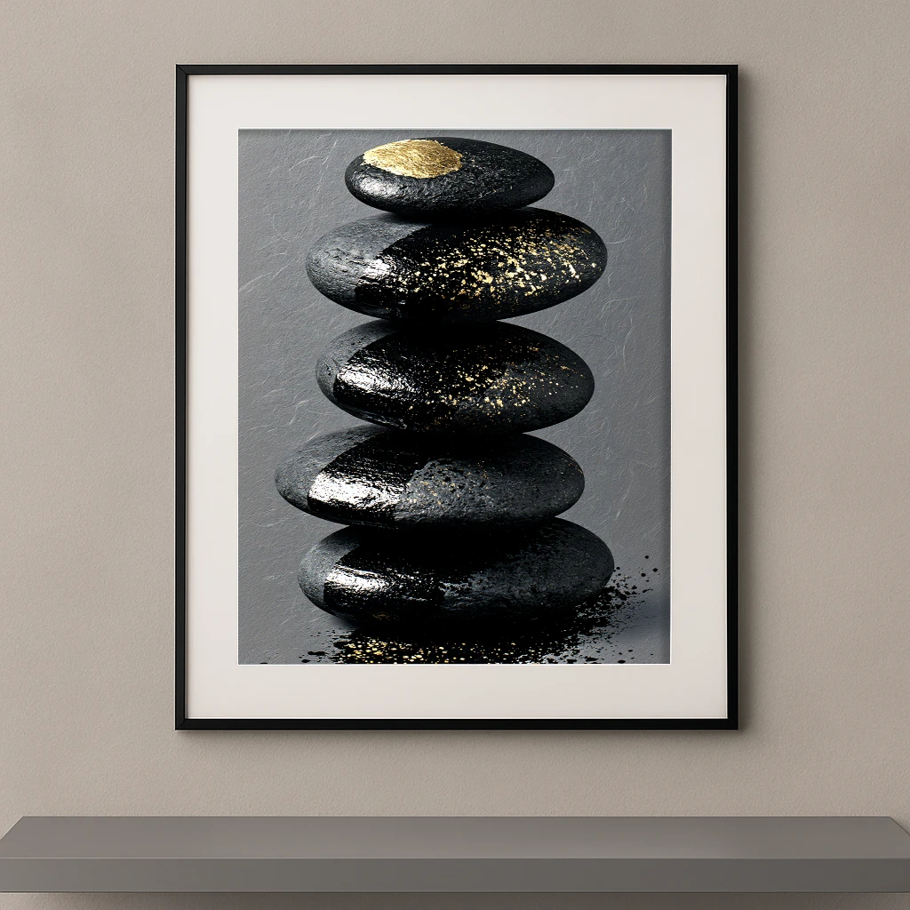 Tableau zen Équilibre Minéral représentant un empilement de galets noirs décorés de touches dorées, symbole de stabilité, de méditation et d'harmonie.