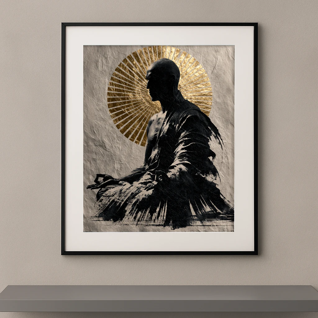 Tableau zen contemporain représentant un moine en méditation peint à l'encre noire devant un halo doré sur un fond texturé inspiré de la peinture sumi-e japonaise.