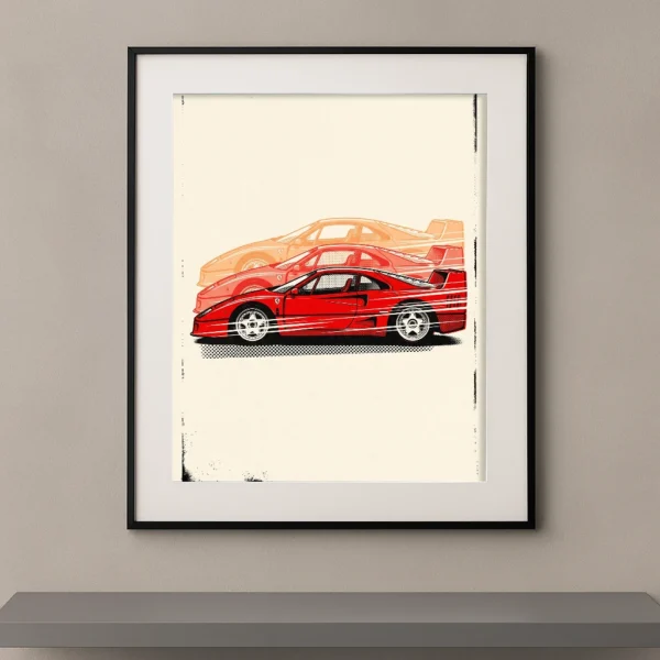 Tableau Pop Art Évolution F40 représentant trois silhouettes superposées d'une Ferrari F40 rouge sur fond crème dans un style graphique vintage.
