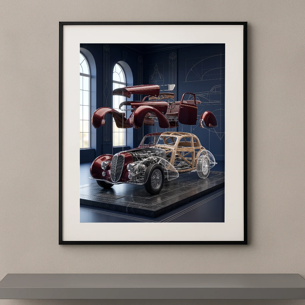 Tableau Exploded Elegance représentant une Delahaye 135MS en vue éclatée avec carrosserie suspendue, structure apparente et plans techniques dans une composition artistique contemporaine.