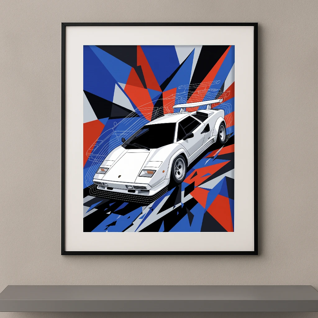 Tableau Explosion Iconique représentant une Lamborghini Countach blanche dans une composition géométrique rouge, bleue, noire et blanche inspirée du design contemporain.