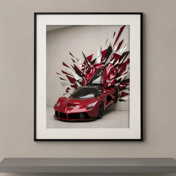 Tableau Explosion LaFerrari représentant une Ferrari LaFerrari rouge devant une explosion géométrique tridimensionnelle rouge, noire et blanche dans un style contemporain.