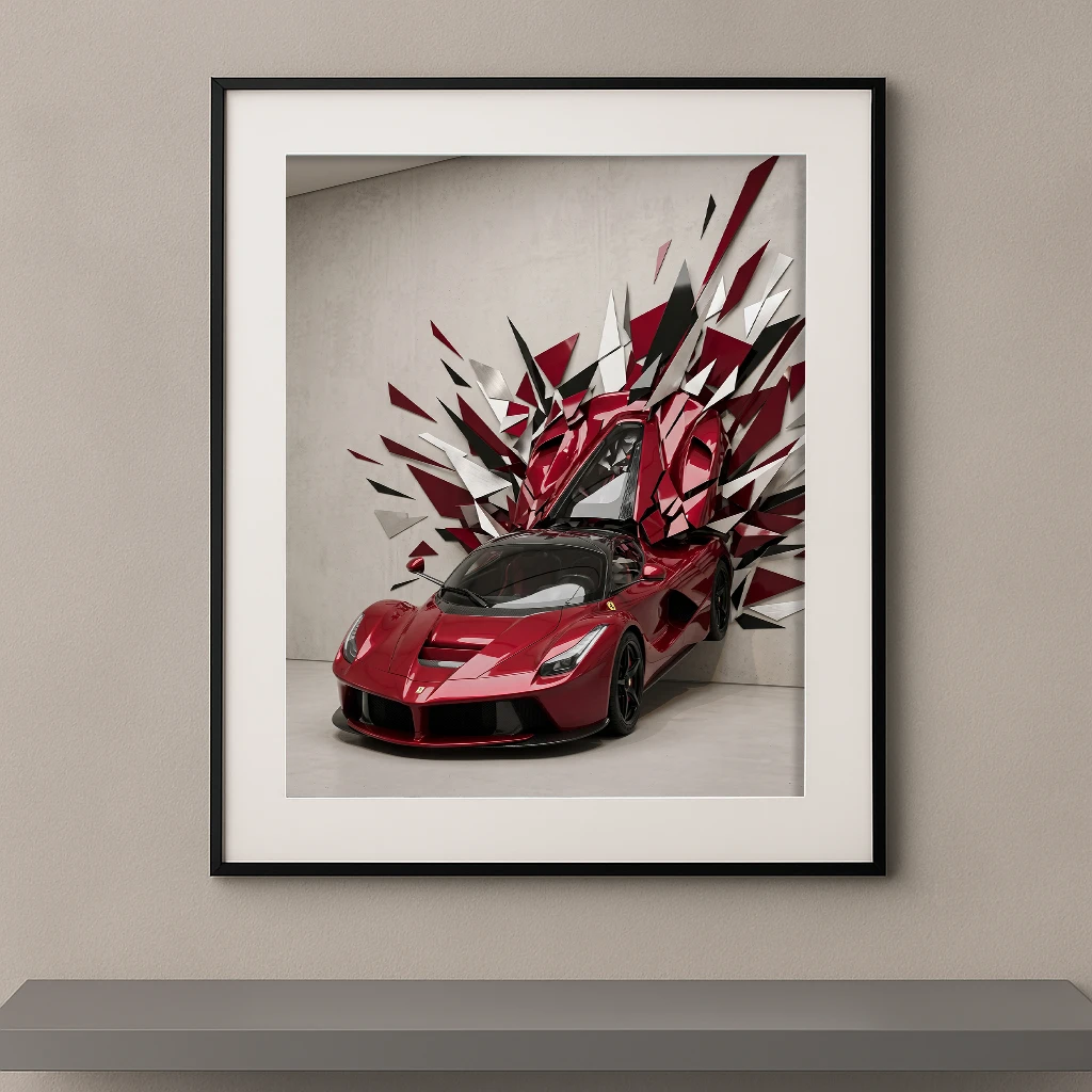 Tableau Explosion LaFerrari représentant une Ferrari LaFerrari rouge devant une explosion géométrique tridimensionnelle rouge, noire et blanche dans un style contemporain.