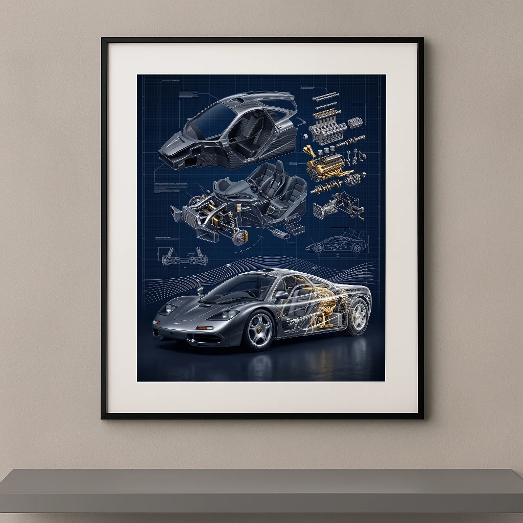 Tableau F1 Engineering représentant une McLaren F1 avec monocoque carbone en vue éclatée, cockpit central, moteur BMW V12 apparent et plans techniques dans une composition artistique contemporaine.
