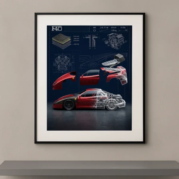 Tableau F40 Blueprint représentant une Ferrari F40 avec carrosserie en vue éclatée, structure apparente, plans techniques et éléments mécaniques dans une composition artistique inspirée des blueprints.