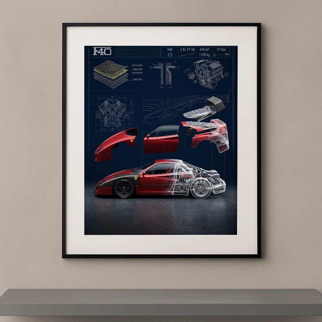 Tableau F40 Blueprint représentant une Ferrari F40 avec carrosserie en vue éclatée, structure apparente, plans techniques et éléments mécaniques dans une composition artistique inspirée des blueprints.
