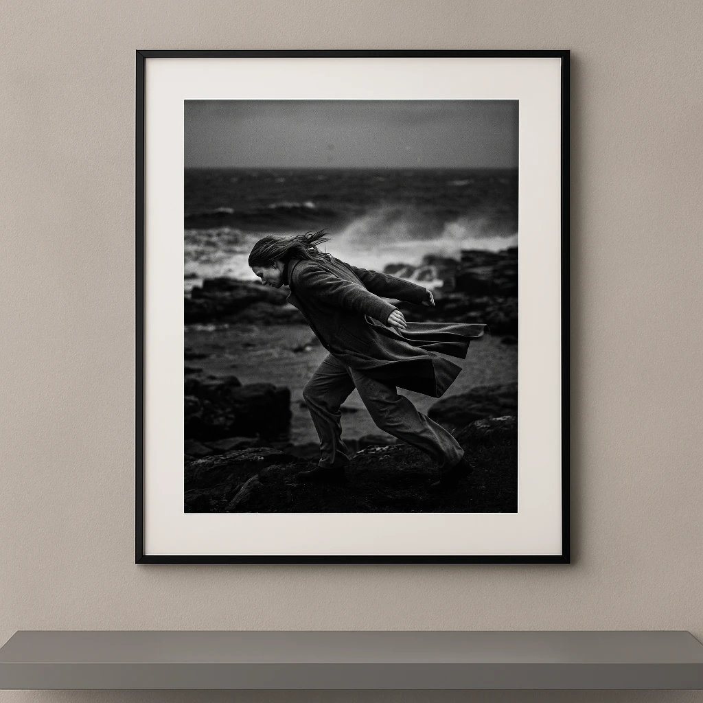 Tableau noir et blanc d'une silhouette avançant contre le vent sur une côte sauvage
