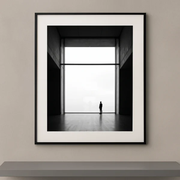Tableau noir et blanc d’une petite silhouette humaine face à une immense baie lumineuse