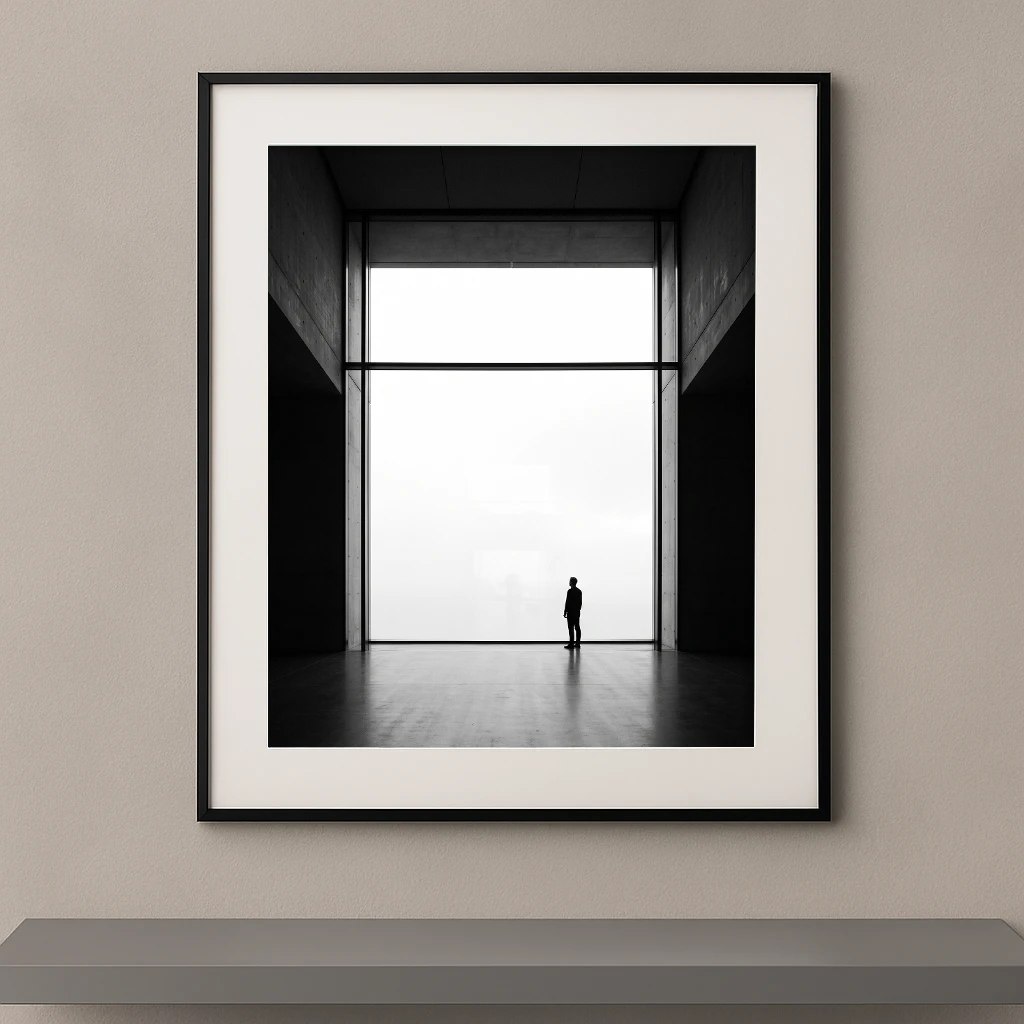 Tableau noir et blanc d’une petite silhouette humaine face à une immense baie lumineuse