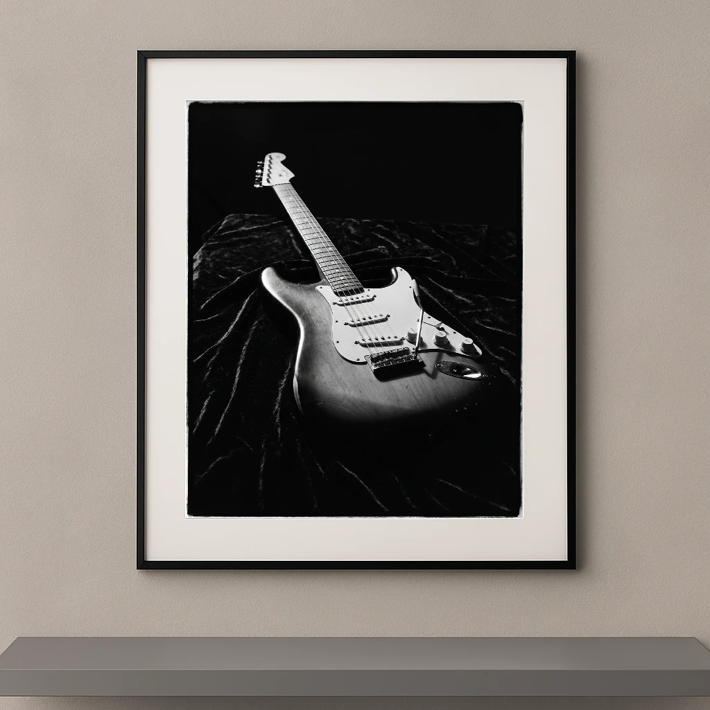 Tableau noir et blanc d'une guitare électrique Fender Stratocaster posée sur du velours noir