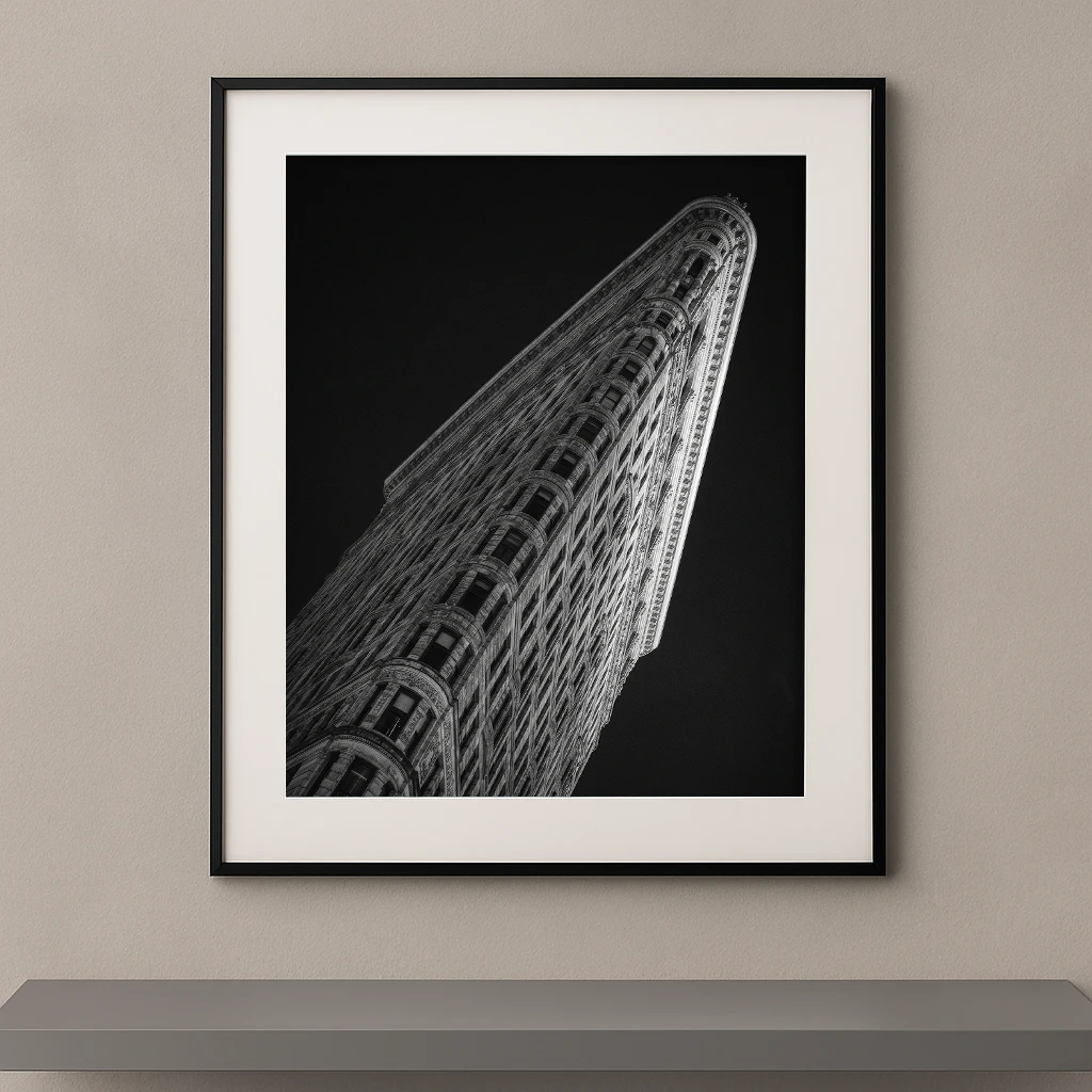 Tableau noir et blanc du Flatiron Building photographié en contre-plongée