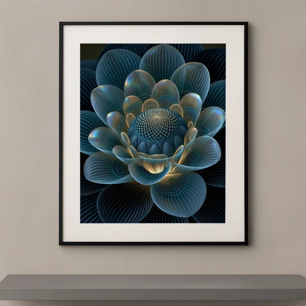 Tableau fleur générative bleu pétrole et or composée de pétales géométriques et de lignes paramétriques