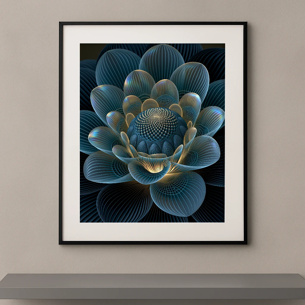 Tableau fleur générative bleu pétrole et or composée de pétales géométriques et de lignes paramétriques