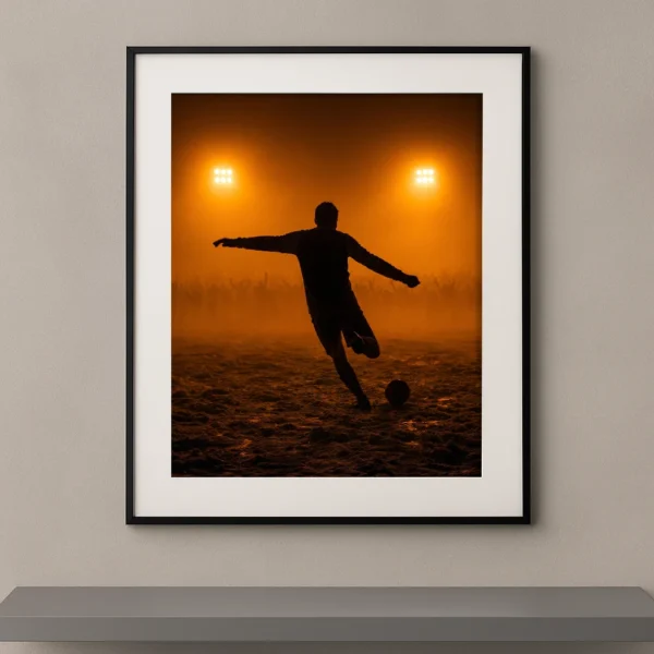 Tableau mural silhouette footballeur en pleine frappe sous les lumières du stade