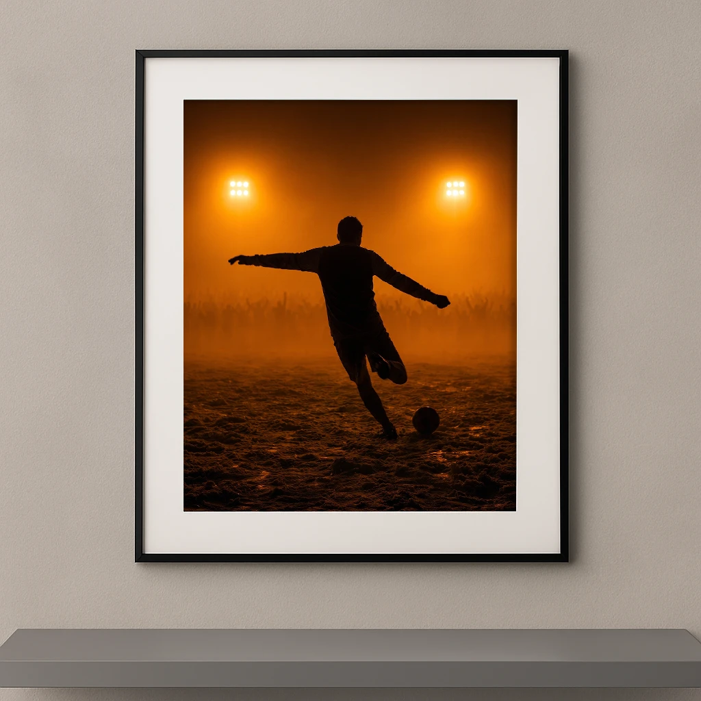 Tableau mural silhouette footballeur en pleine frappe sous les lumières du stade