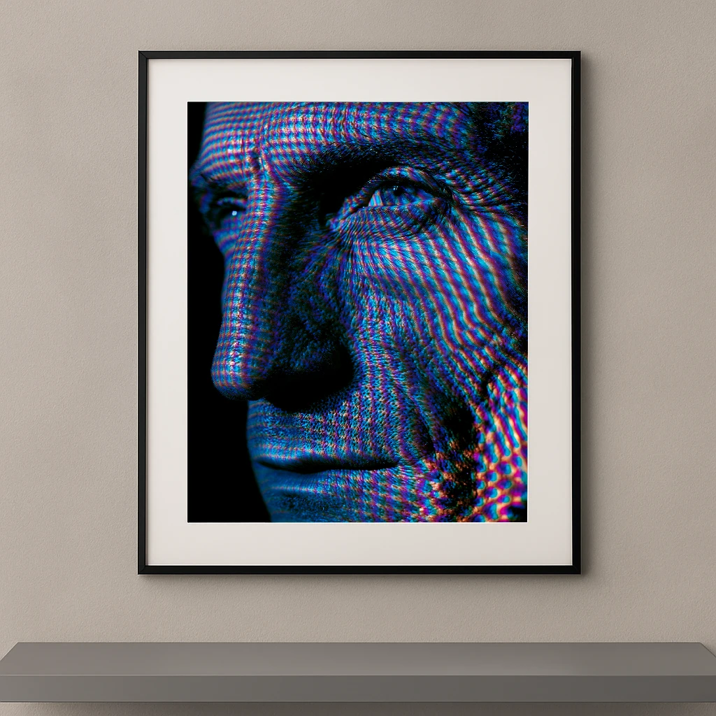 Tableau portrait masculin en très gros plan recouvert d’une trame optique bleue, rouge et violette