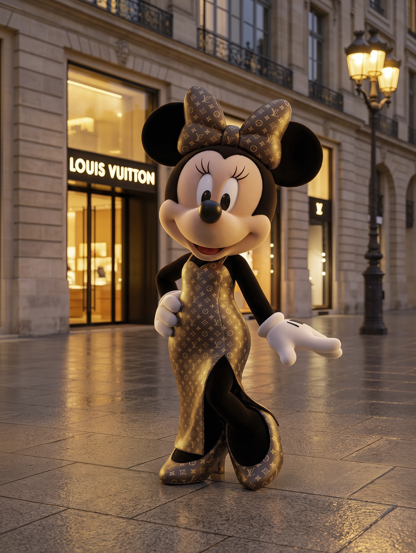 Fashion Mouse – Luxury Avenue, souris fashion pop en robe dorée dans une ambiance couture parisienne, art mural premium