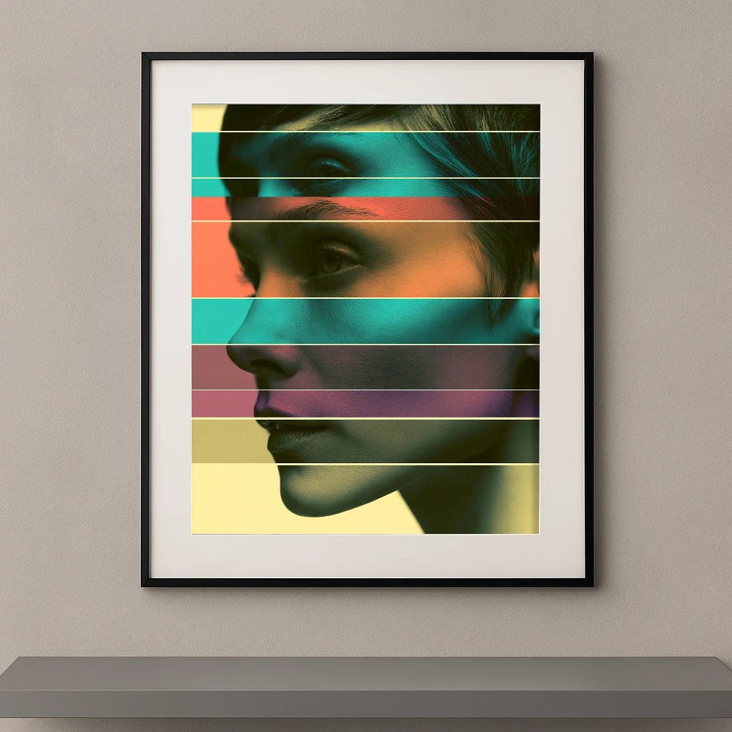 Fragments Chromatiques, portrait féminin de profil traversé par des bandes horizontales colorées