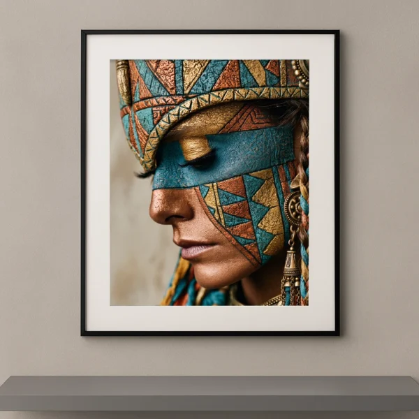 Portrait artistique avec maquillage géométrique turquoise et or inspiré des civilisations antiques, yeux fermés.