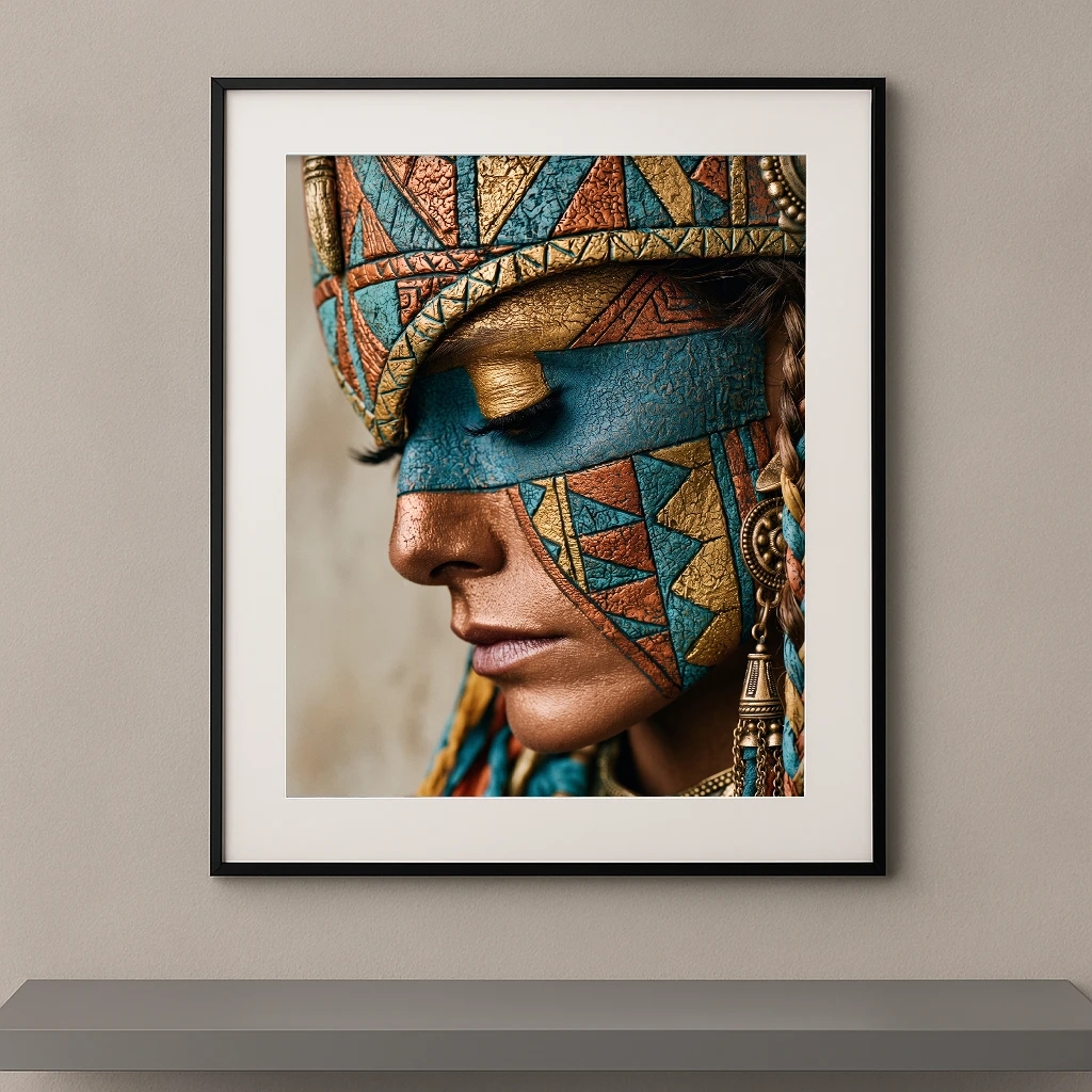 Portrait artistique avec maquillage géométrique turquoise et or inspiré des civilisations antiques, yeux fermés.