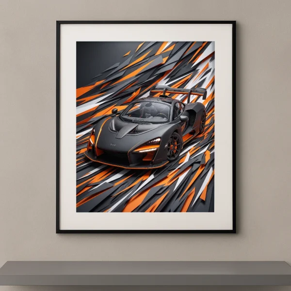 Tableau Fragments de Vitesse représentant une McLaren Senna noire dans une composition graphique abstraite noire, grise et orange inspirée de la vitesse et de la fibre de carbone.