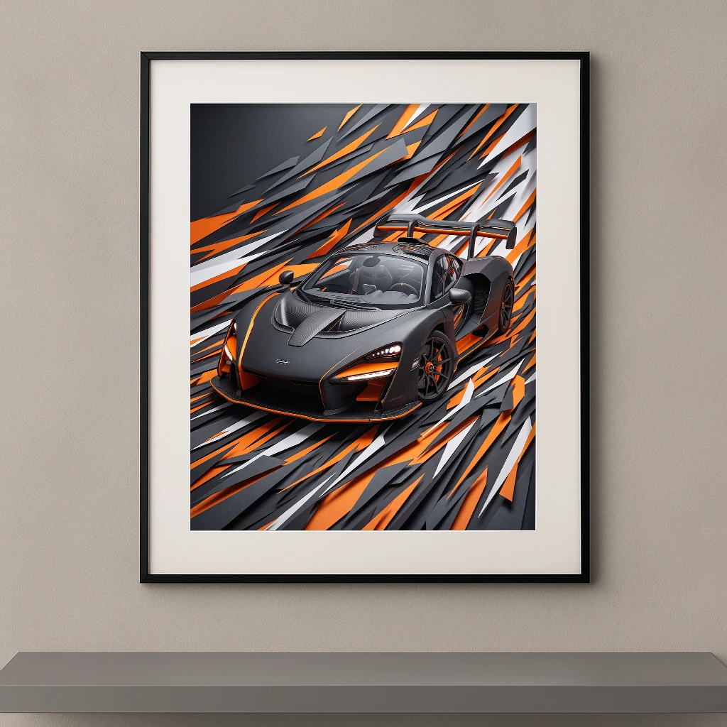 Tableau Fragments de Vitesse représentant une McLaren Senna noire dans une composition graphique abstraite noire, grise et orange inspirée de la vitesse et de la fibre de carbone.