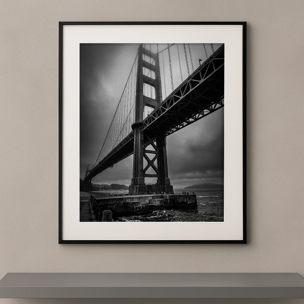 Tableau noir et blanc du Golden Gate Bridge enveloppé de brume sous un ciel dramatique