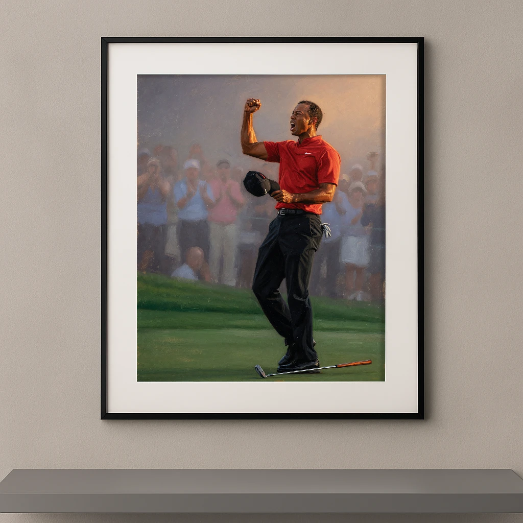 Tableau mural peinture à l'huile d'un golfeur en pleine célébration de victoire en polo rouge