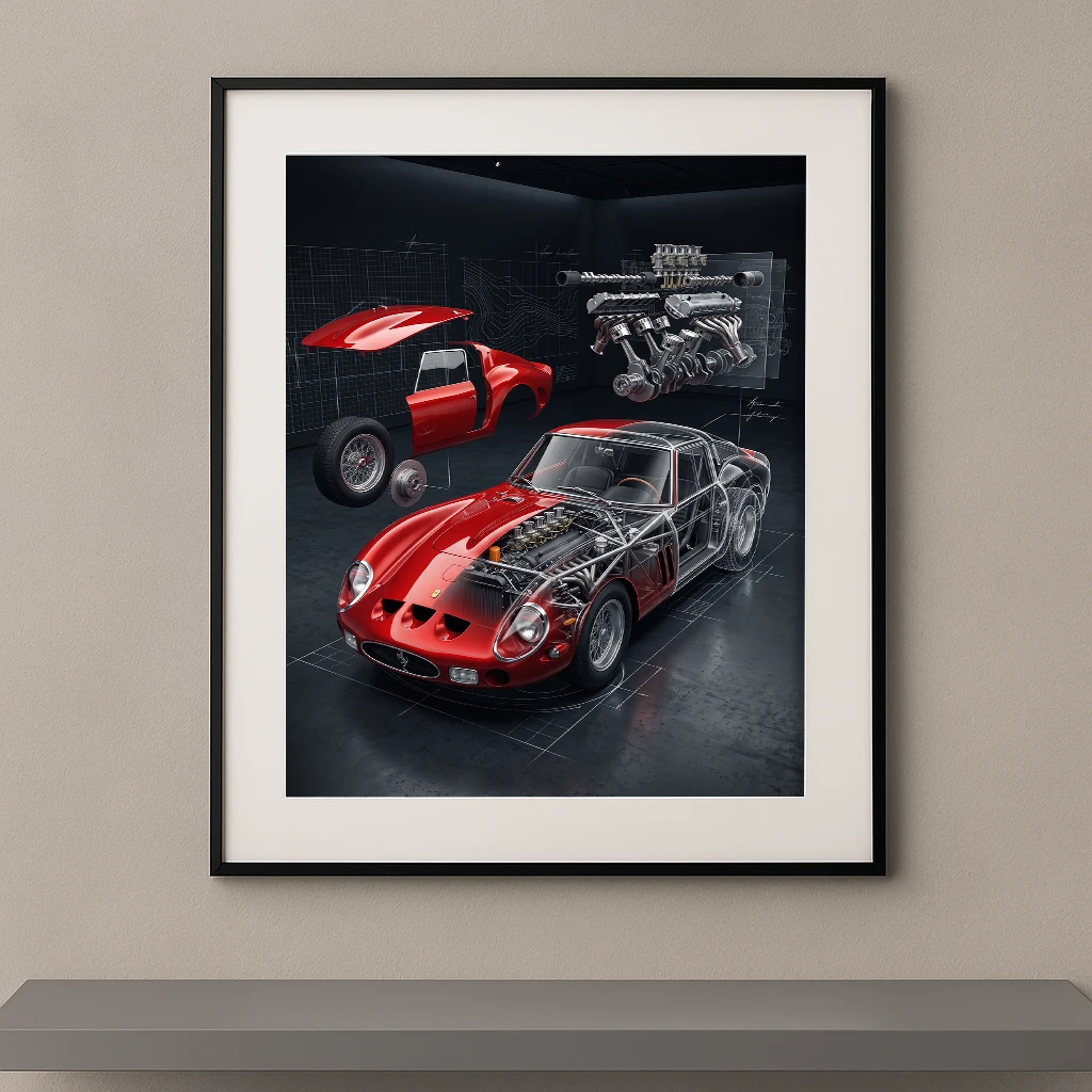 Tableau GTO Anatomy représentant une Ferrari 250 GTO en vue éclatée avec moteur V12 suspendu, châssis apparent et plans techniques dans une composition artistique contemporaine.
