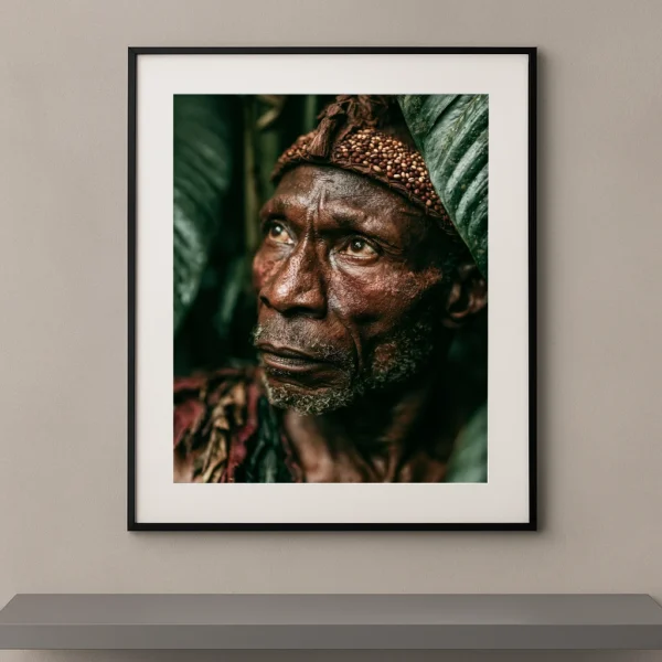 Portrait Fine Art d'un ancien issu d'un peuple de la forêt tropicale portant une coiffe végétale et regardant vers la lumière.