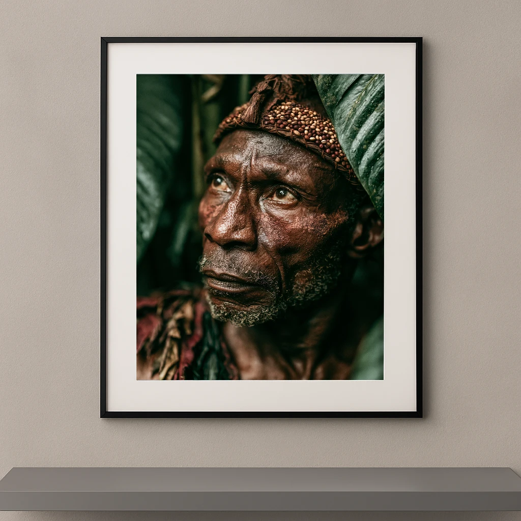 Portrait Fine Art d'un ancien issu d'un peuple de la forêt tropicale portant une coiffe végétale et regardant vers la lumière.