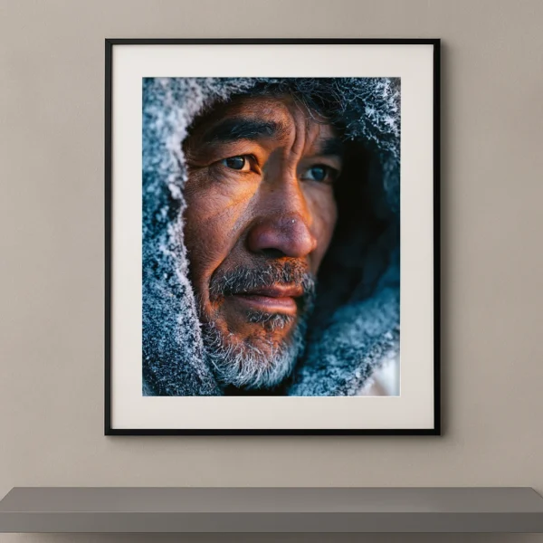 Portrait Fine Art d'un homme des régions arctiques enveloppé dans une capuche couverte de givre, éclairé par la lumière polaire avec un regard intense.