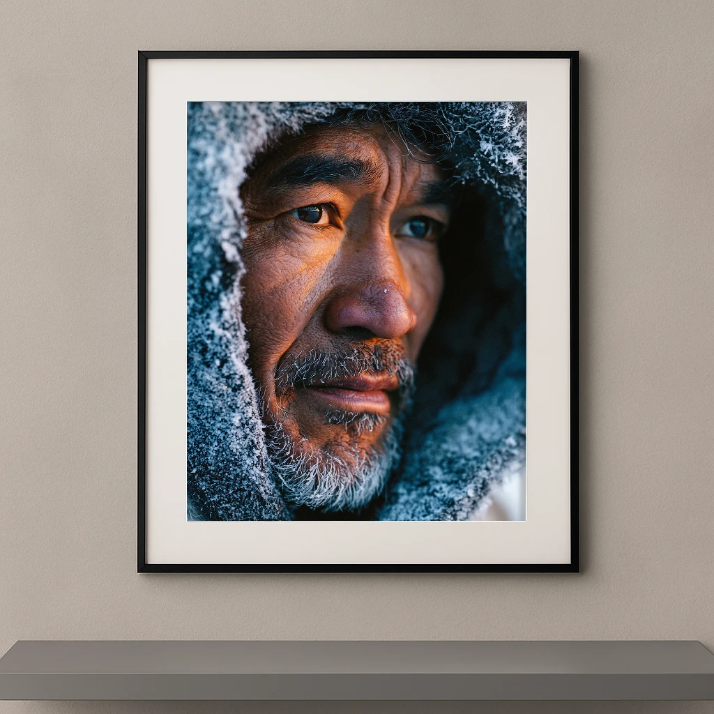 Portrait Fine Art d'un homme des régions arctiques enveloppé dans une capuche couverte de givre, éclairé par la lumière polaire avec un regard intense.
