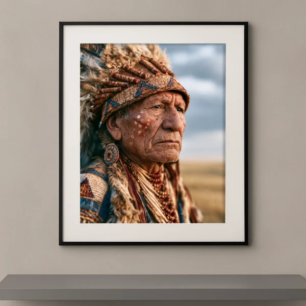 Portrait Fine Art d'un ancien amérindien portant une coiffe traditionnelle de plumes et des ornements artisanaux sous la lumière naturelle des grandes plaines.