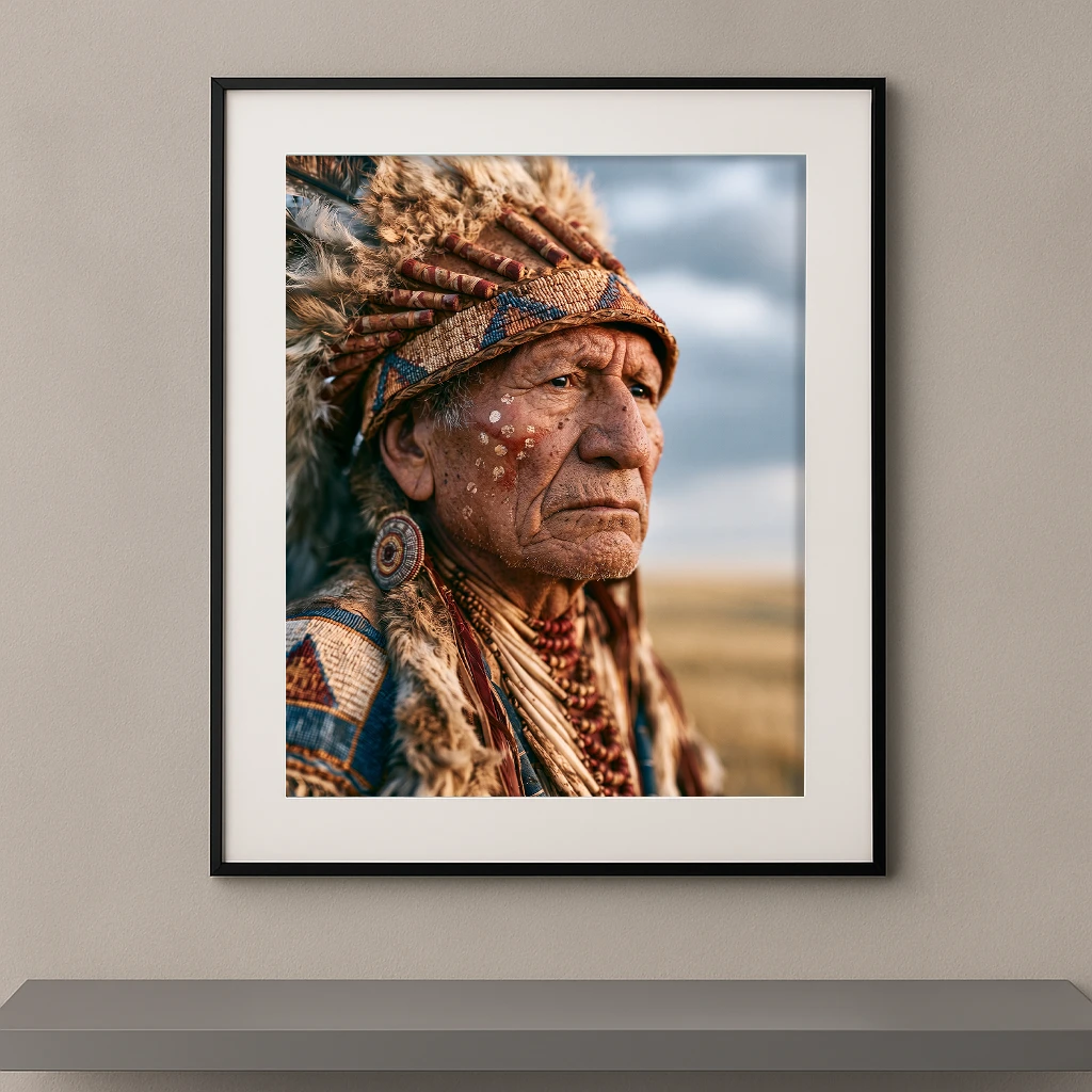 Portrait Fine Art d'un ancien amérindien portant une coiffe traditionnelle de plumes et des ornements artisanaux sous la lumière naturelle des grandes plaines.