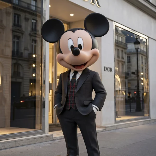 Gentleman Mouse – Paris Couture, souris pop chic en costume devant une boutique de mode parisienne, art mural premium