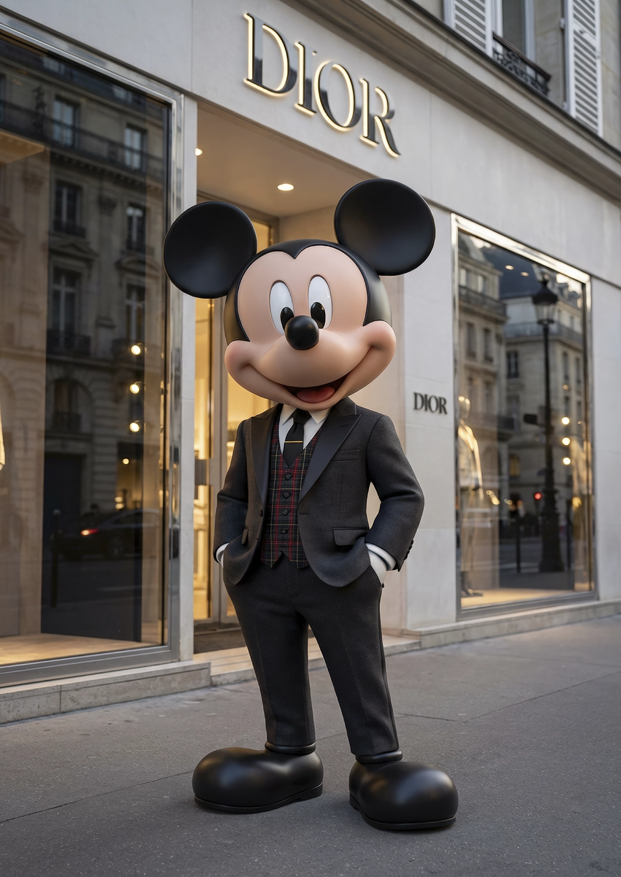 Gentleman Mouse – Paris Couture, souris pop chic en costume devant une boutique de mode parisienne, art mural premium