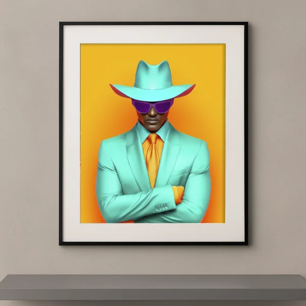Gentleman Turquoise, homme élégant en costume et chapeau turquoise sur fond orange