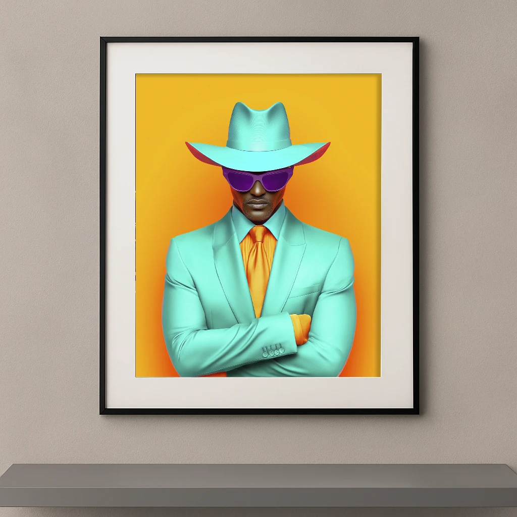 Gentleman Turquoise, homme élégant en costume et chapeau turquoise sur fond orange