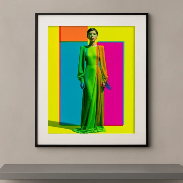 Géométrie Vive, femme en robe verte devant des formes géométriques jaune rose et turquoise