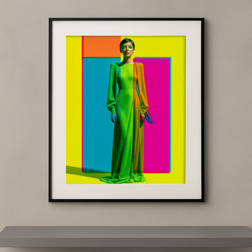 Géométrie Vive, femme en robe verte devant des formes géométriques jaune rose et turquoise