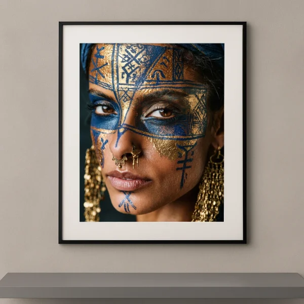 Portrait artistique avec maquillage graphique bleu et or inspiré des symboles ancestraux et des peintures rituelles.