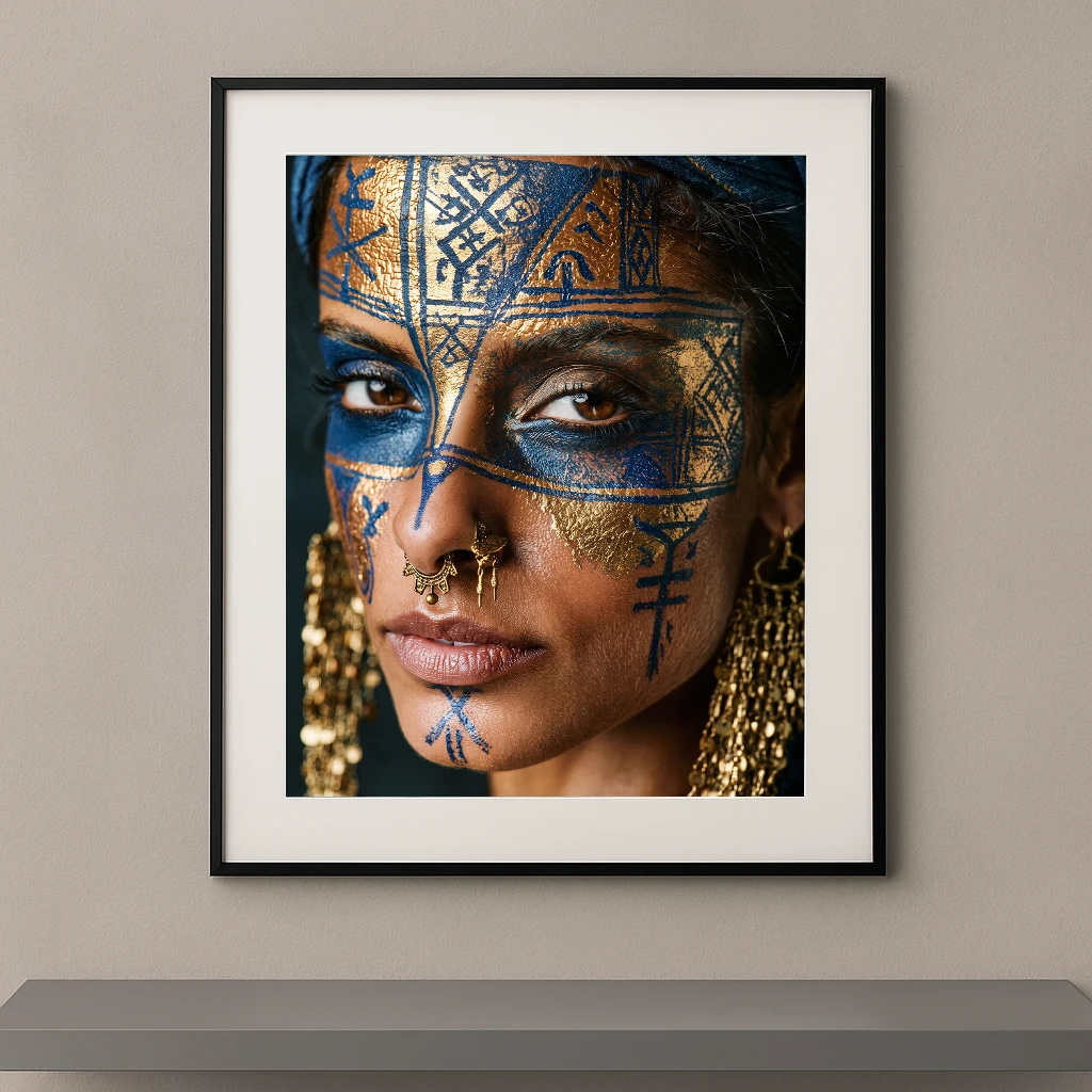 Portrait artistique avec maquillage graphique bleu et or inspiré des symboles ancestraux et des peintures rituelles.
