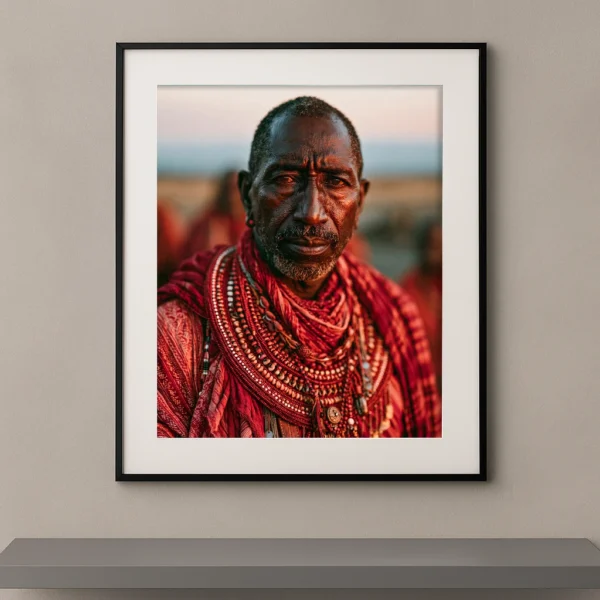 Portrait Fine Art d'un homme d'Afrique de l'Est portant des parures traditionnelles rouges et des colliers artisanaux sous la lumière du coucher du soleil.