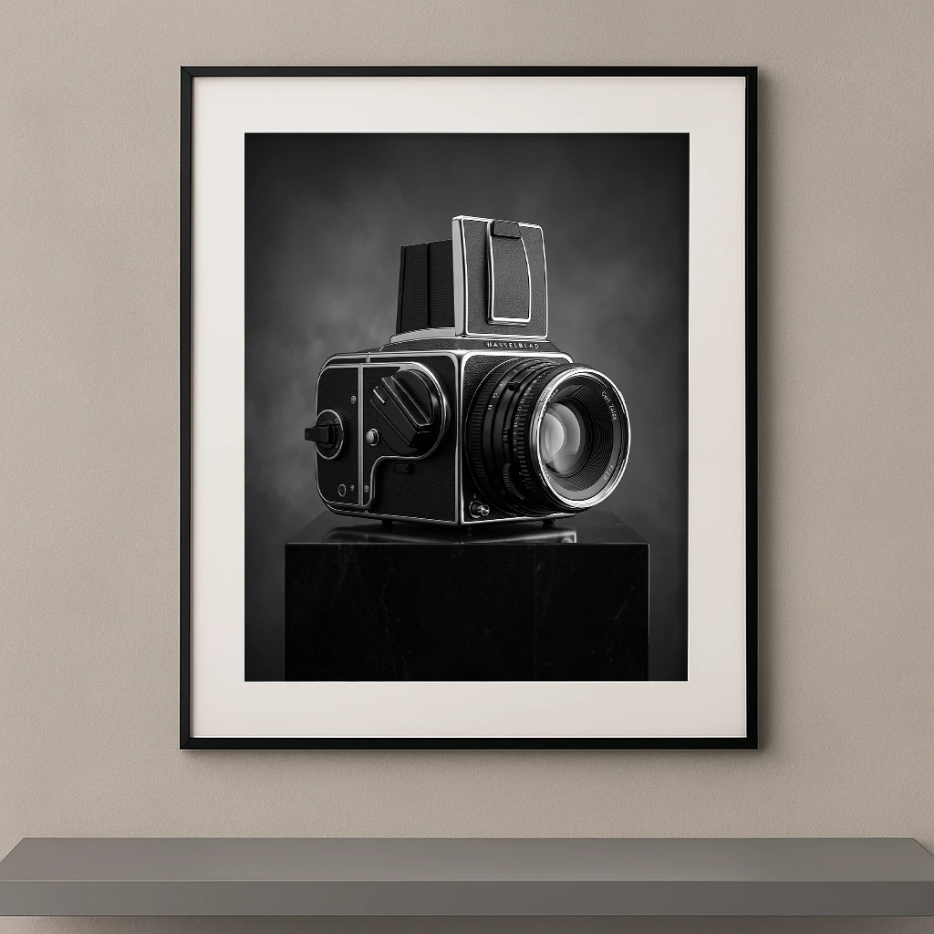 Tableau noir et blanc d'un appareil photo Hasselblad 500C/M sur socle noir