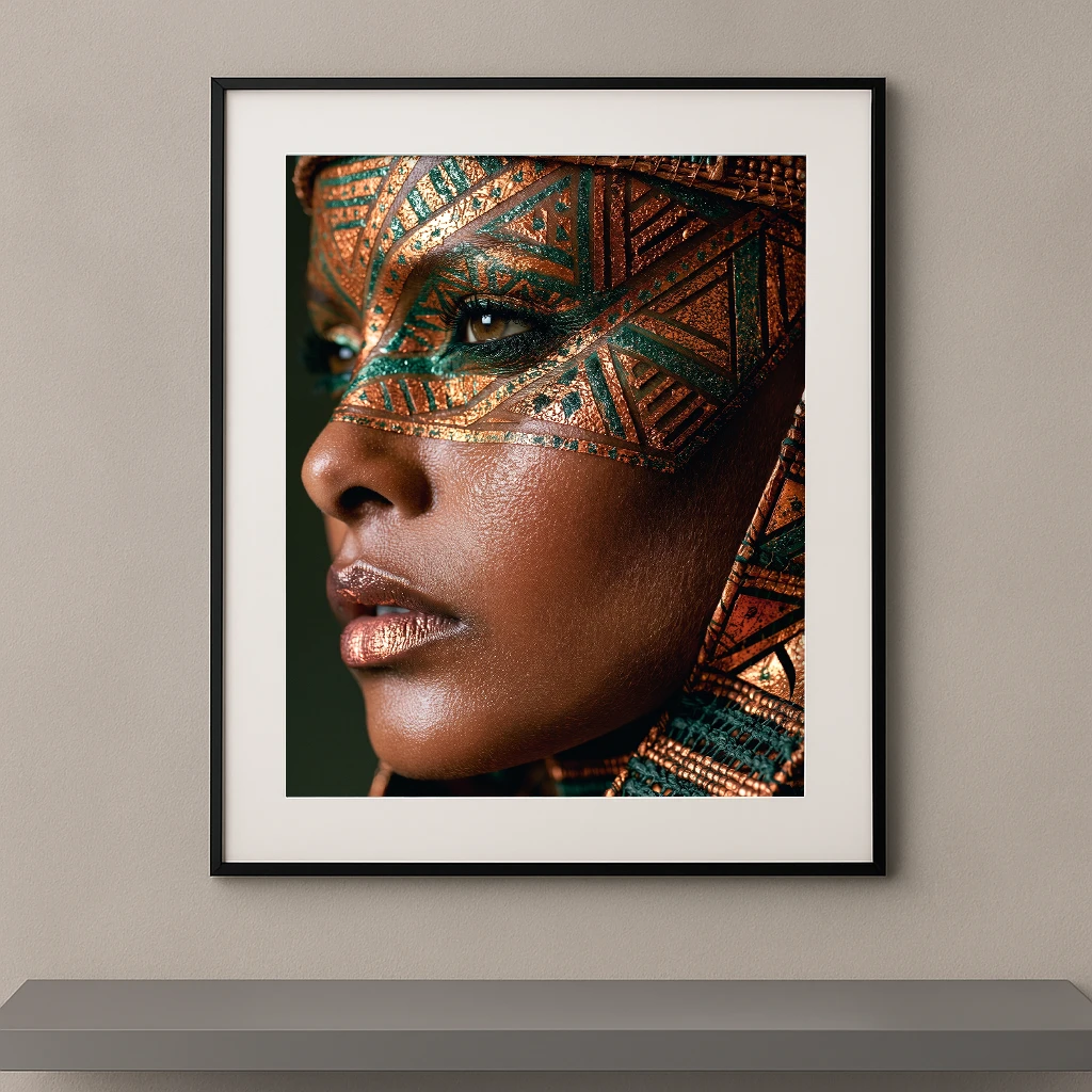 Portrait artistique de profil avec maquillage tribal géométrique en cuivre et vert émeraude inspiré des arts ancestraux.