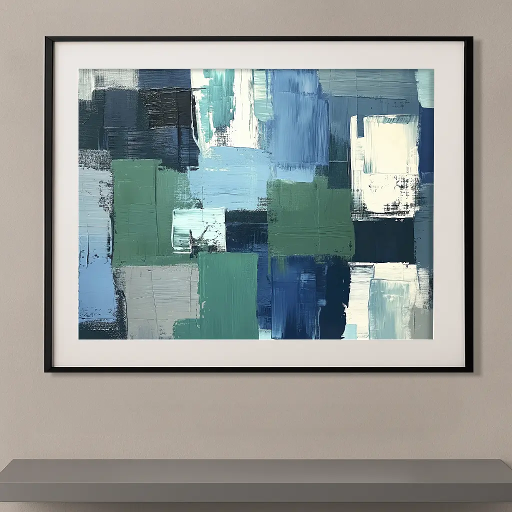 Tableau abstrait contemporain inspiré de Nicolas de Staël composé de grands aplats de bleu, vert, blanc et gris aux textures picturales et géométriques.