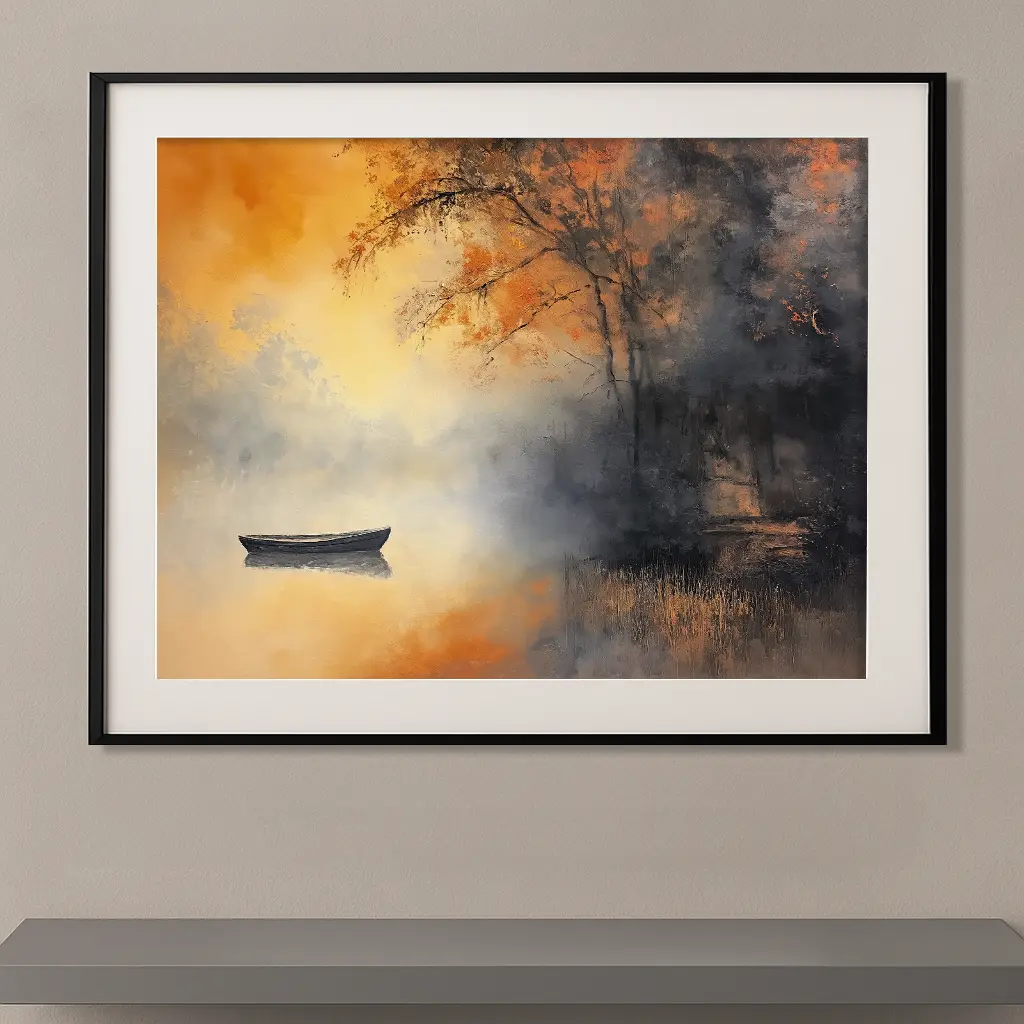 Tableau impressionniste contemporain inspiré de Claude Monet représentant une barque solitaire flottant sur un lac embrumé au lever du soleil, entourée d'arbres aux couleurs dorées.